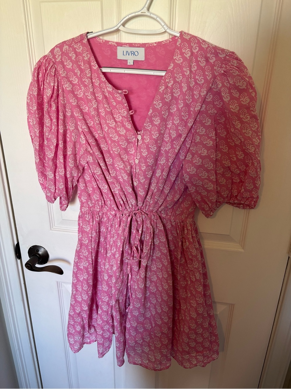 LIVRO Pink & White Printed 100% Cotton Mini Dress Size L - Picture 2 of 5